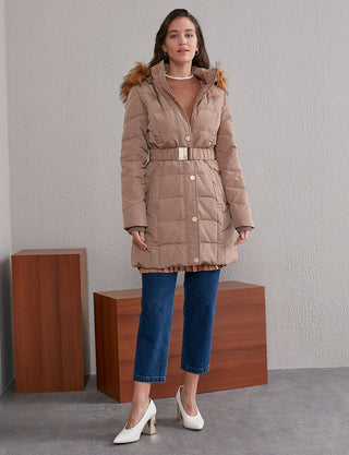 Quilted, Hooded Goose Down Coat A20 27006 Beige