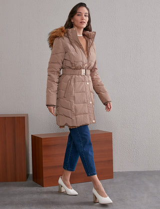 Quilted, Hooded Goose Down Coat A20 27006 Beige