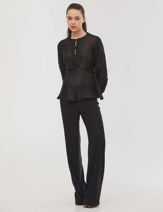 Peplum Blouse Black with Guipure on the Sleeves