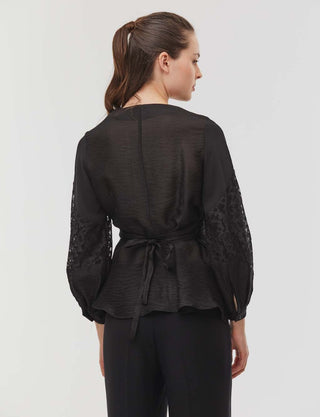 Peplum Blouse Black with Guipure on the Sleeves