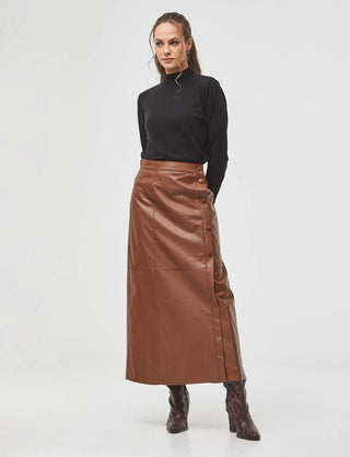 Stitch Detail Faux Leather Skirt Camel