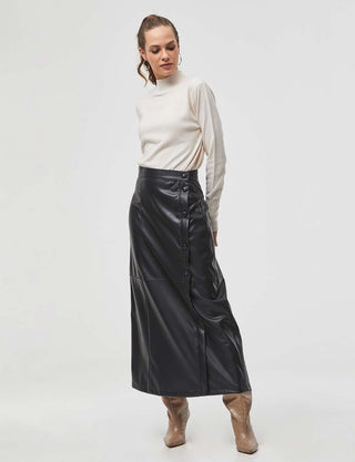Stitch Detail Faux Leather Skirt Black
