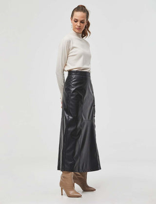 Stitch Detail Faux Leather Skirt Black