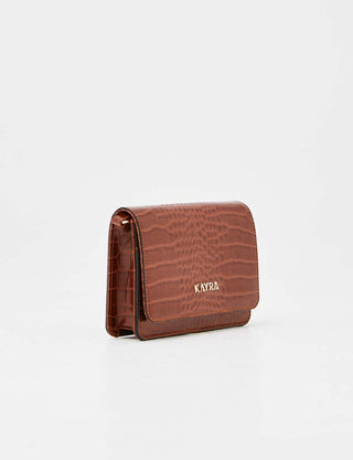 Croco Patterned Rectangle Flap Bag Tobacco