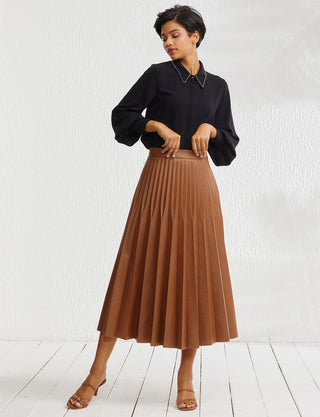 Pleated Leather Skirt Camel