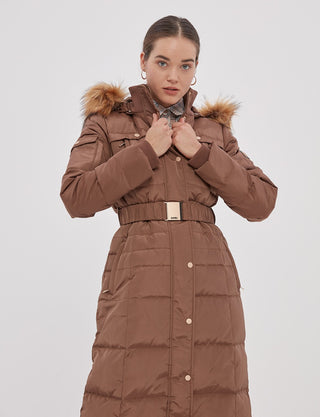 Long Goose Down Coat With Furry A20 27003 Camel