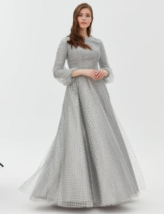 TIARA Pearl Detailed Organza Evening Gown Grey
